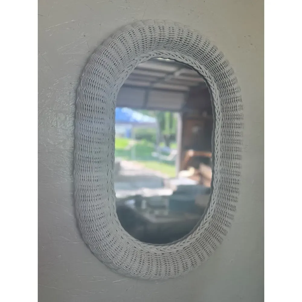 VTG Wicker Mirror White Oval WallAccent Coastal Beach Bohemian Cottagecore 27x18